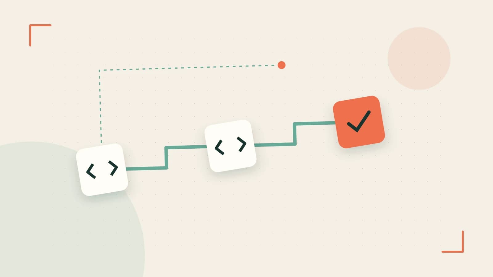 Editorial illustration of a branching build pipeline, staged transformations and a completed check