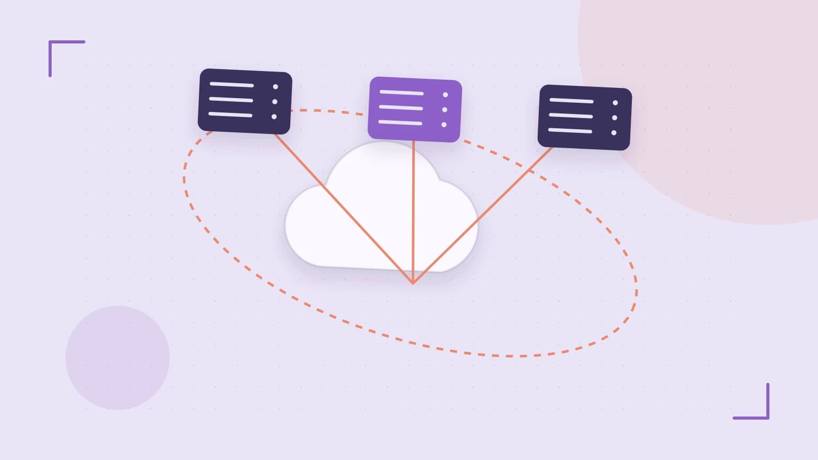 Editorial illustration of cloud infrastructure, connected server racks and an orbital service map