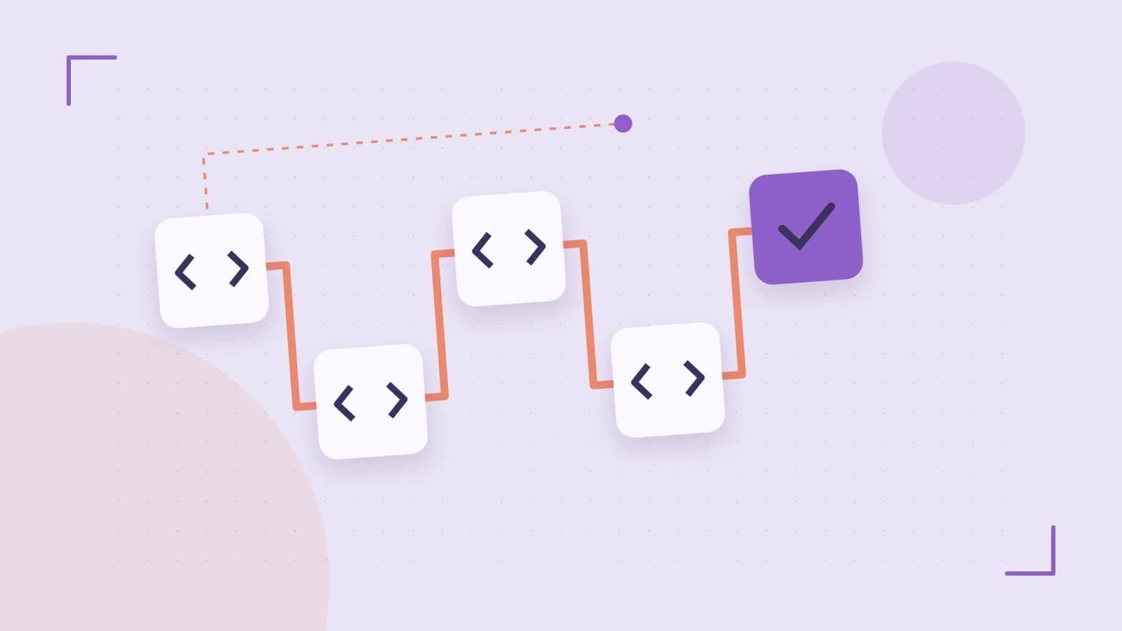 Editorial illustration of a branching build pipeline, staged transformations and a completed check