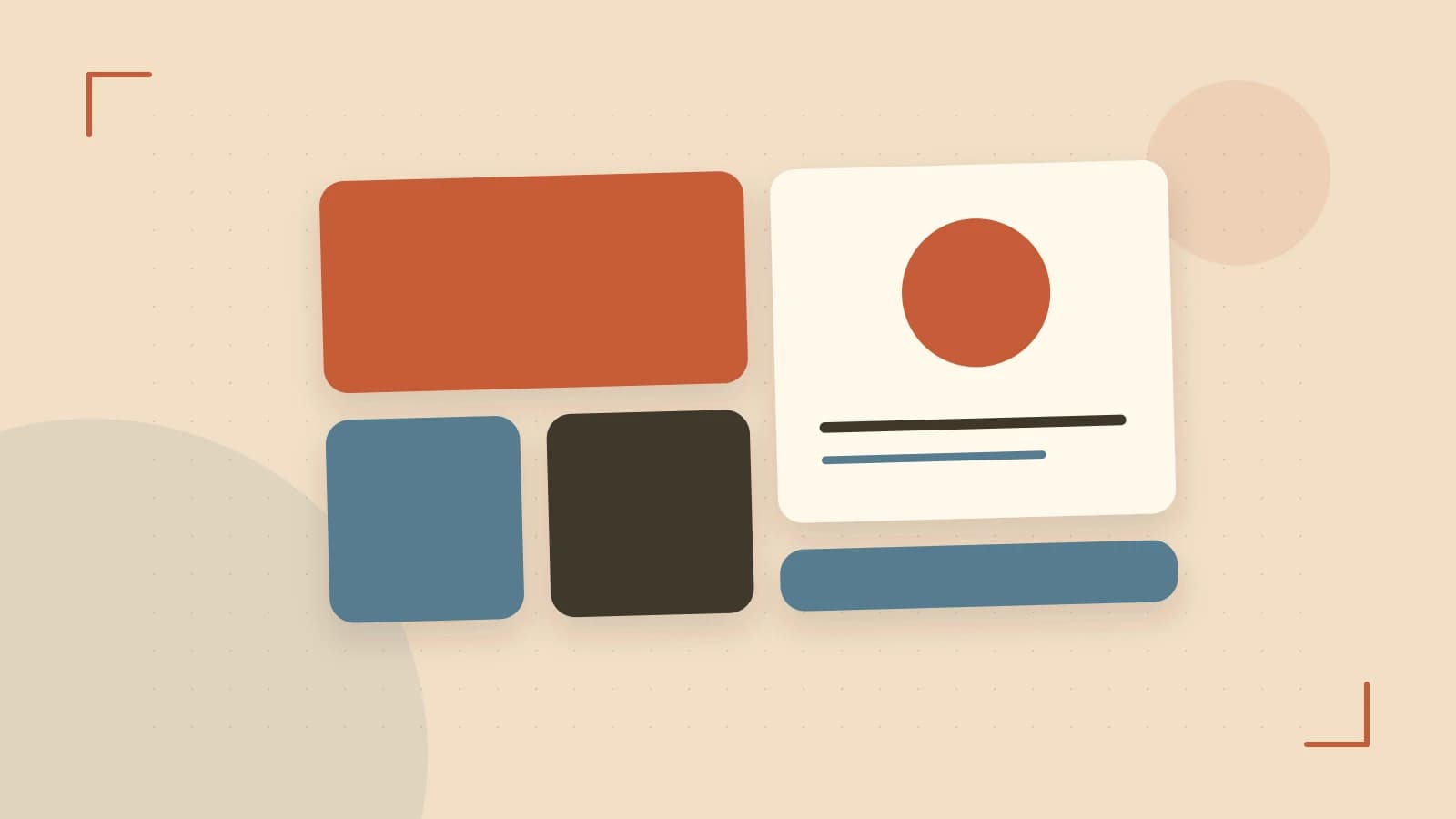 Editorial illustration of responsive browser layouts, overlapping design components and a color system
