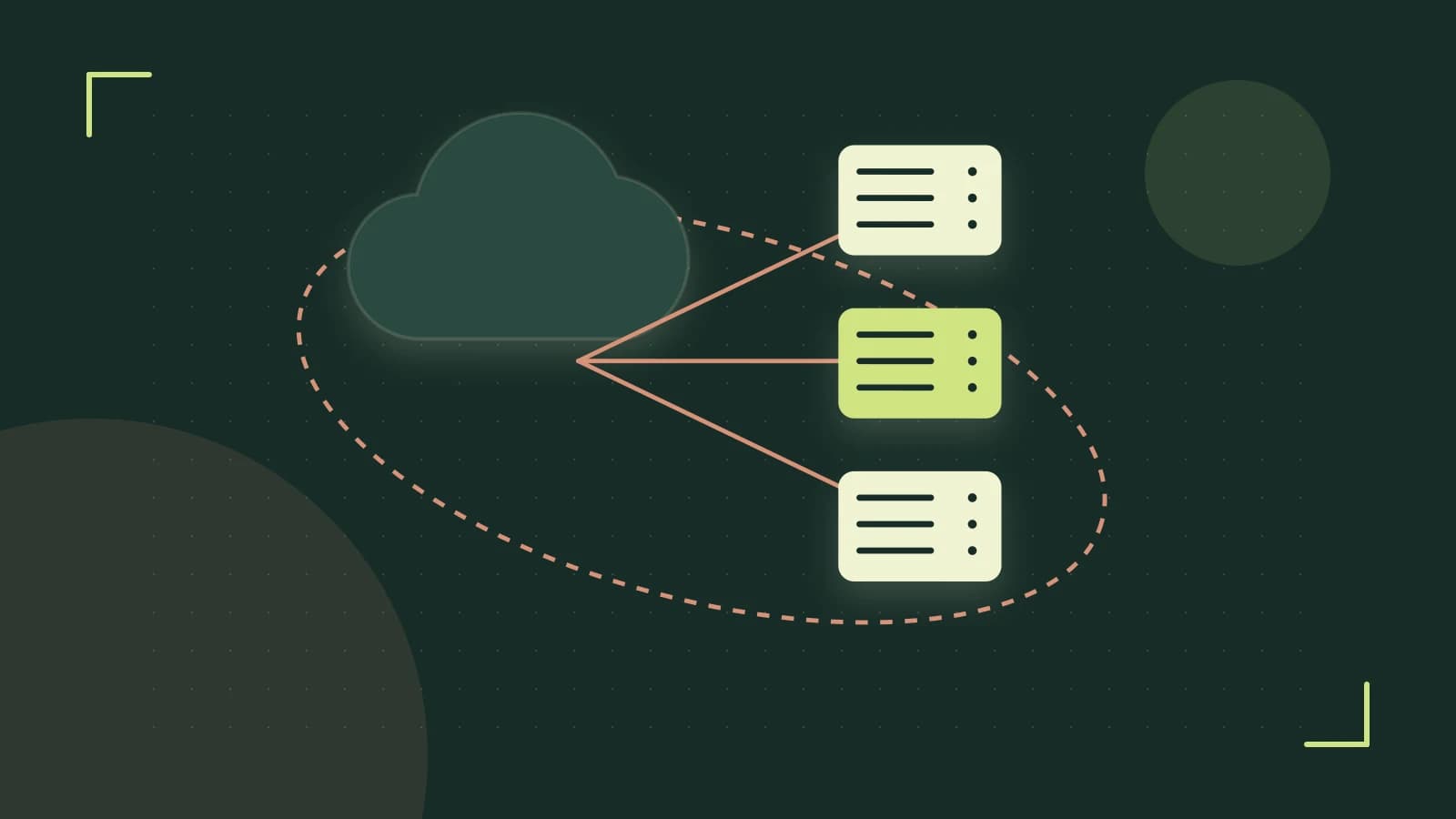 Editorial illustration of cloud infrastructure, connected server racks and an orbital service map