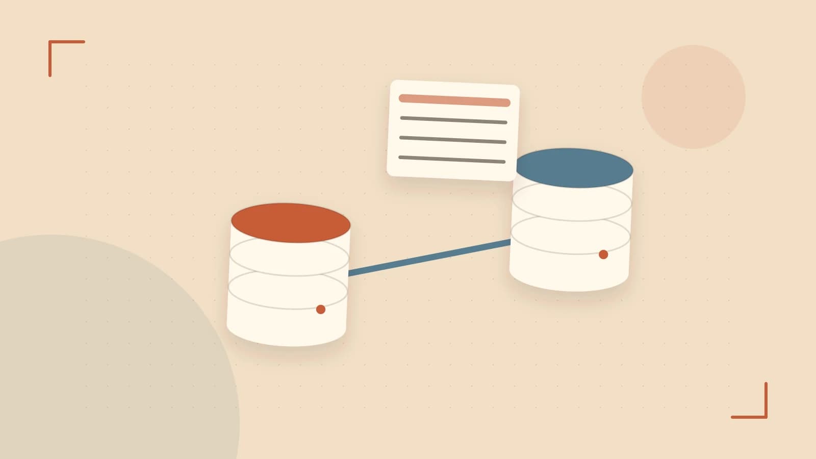 Editorial illustration of structured records, database cylinders and relationships between tables