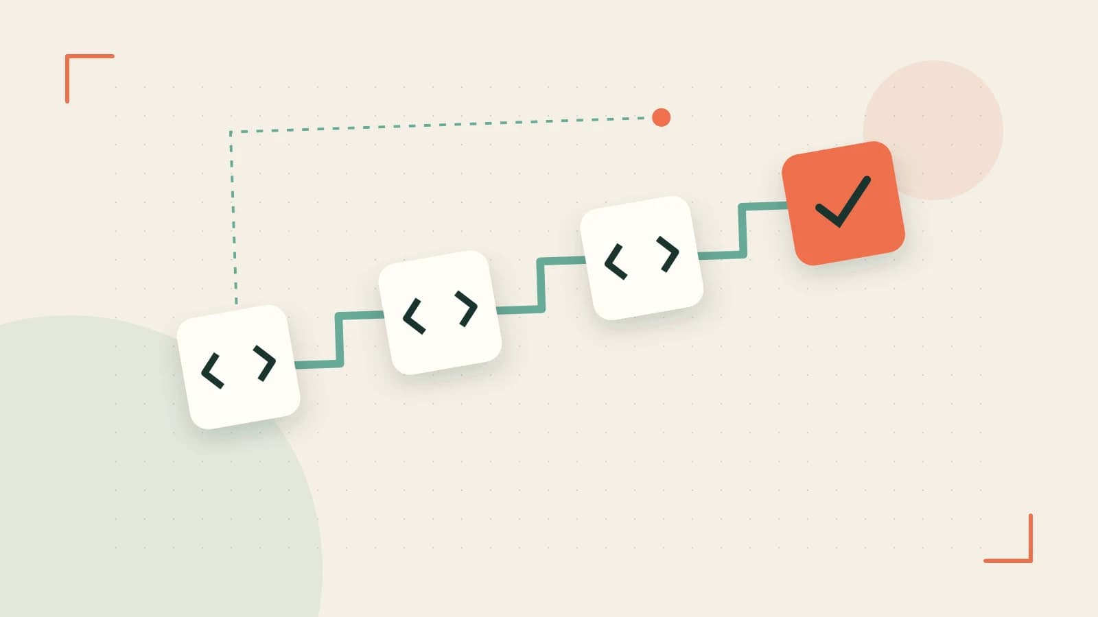 Editorial illustration of a branching build pipeline, staged transformations and a completed check