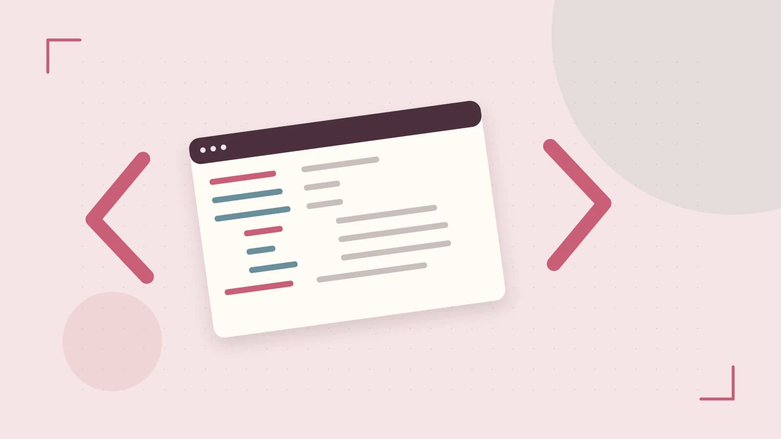 Editorial illustration of an abstract code editor, syntax blocks and oversized programming brackets