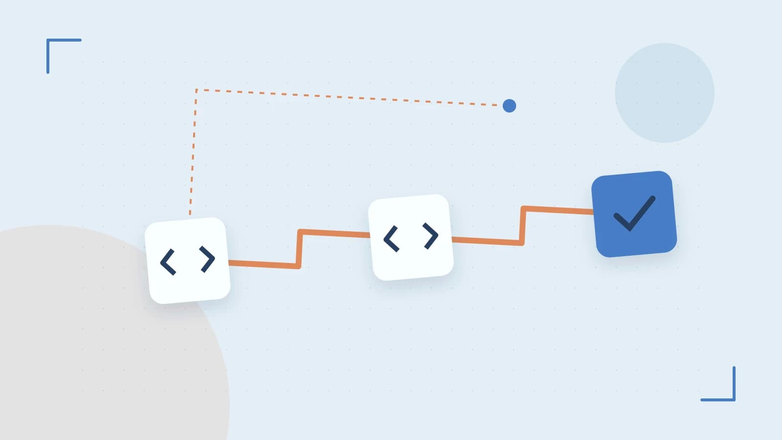 Editorial illustration of a branching build pipeline, staged transformations and a completed check