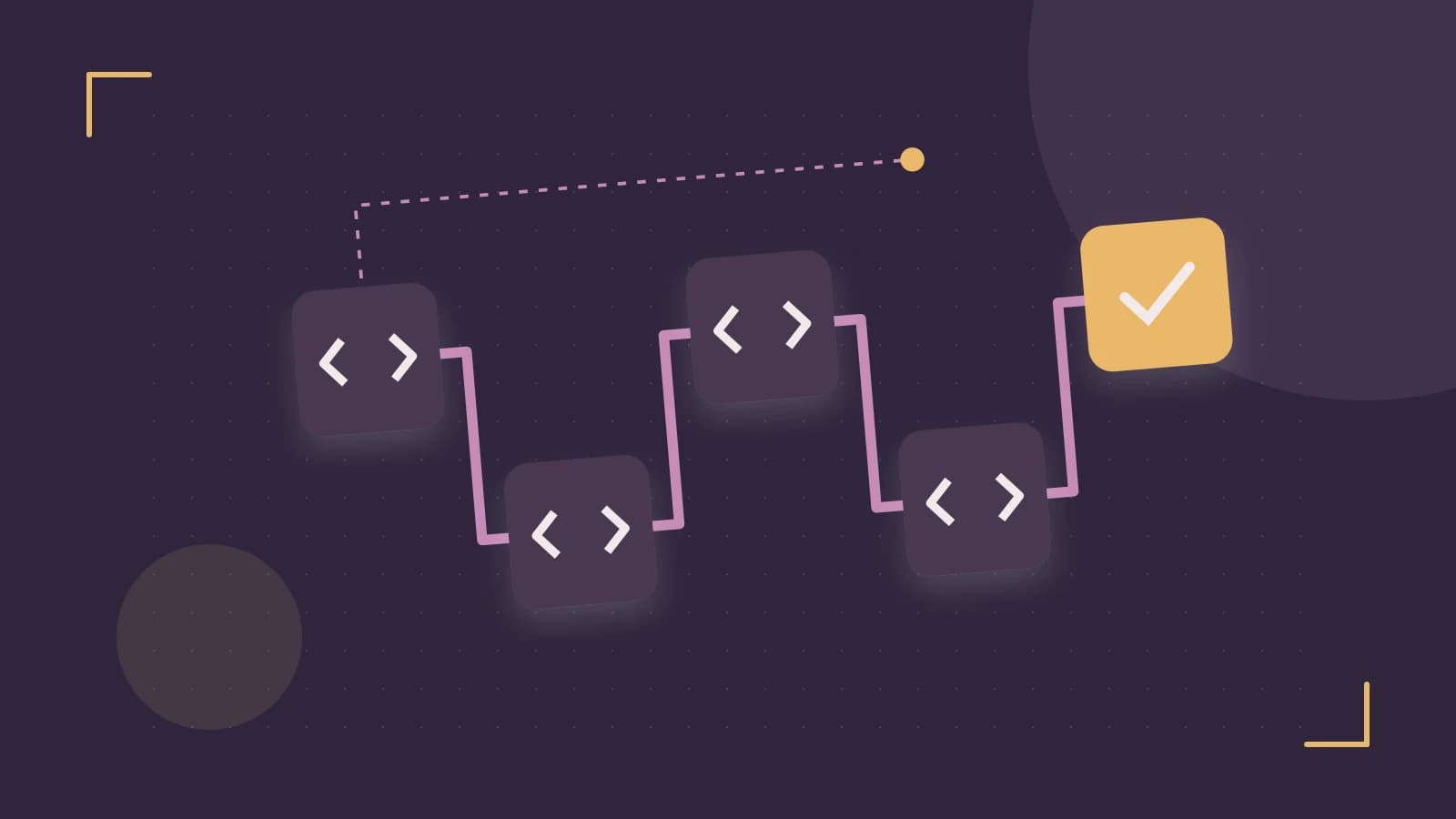 Editorial illustration of a branching build pipeline, staged transformations and a completed check