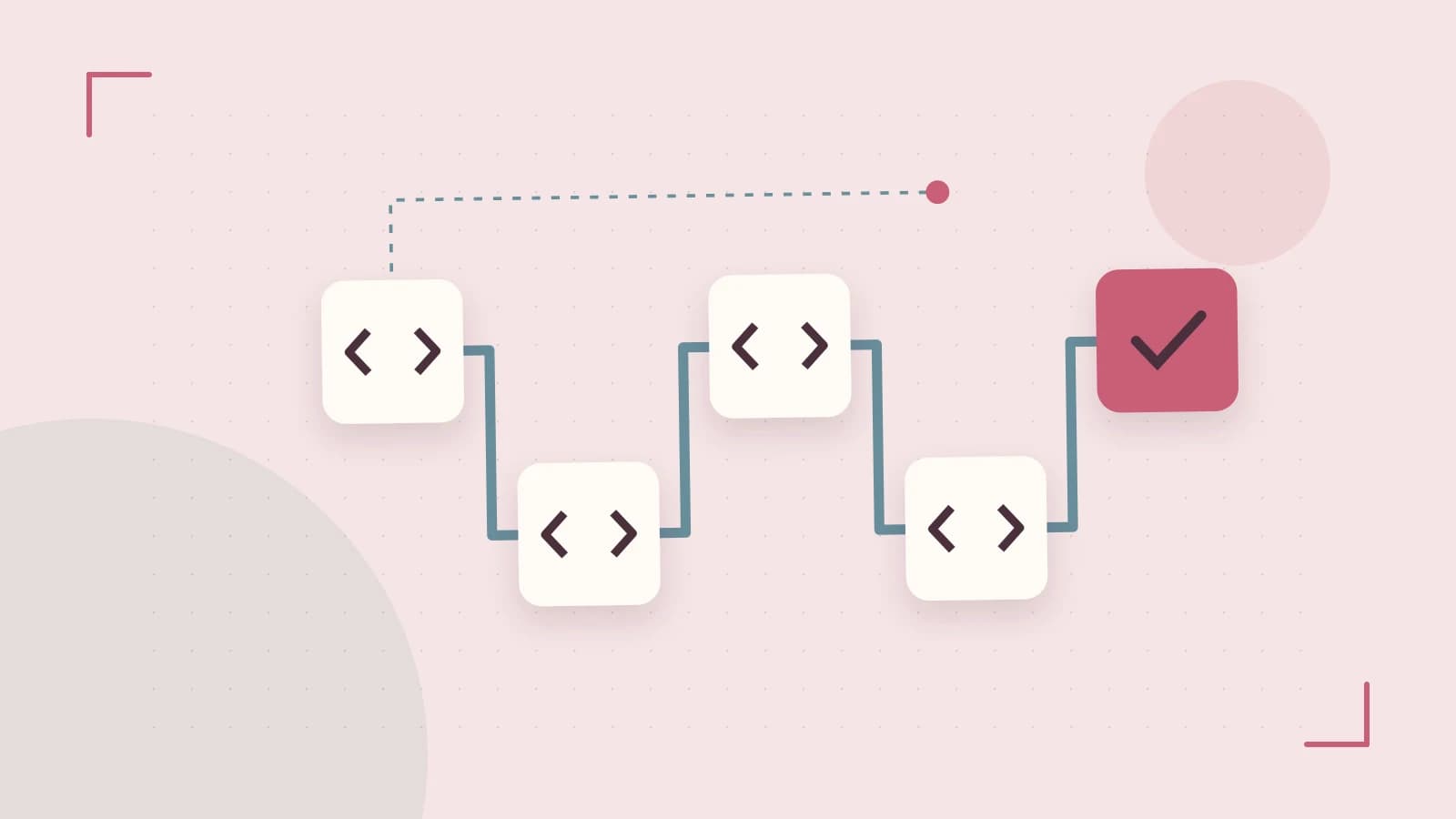 Editorial illustration of a branching build pipeline, staged transformations and a completed check