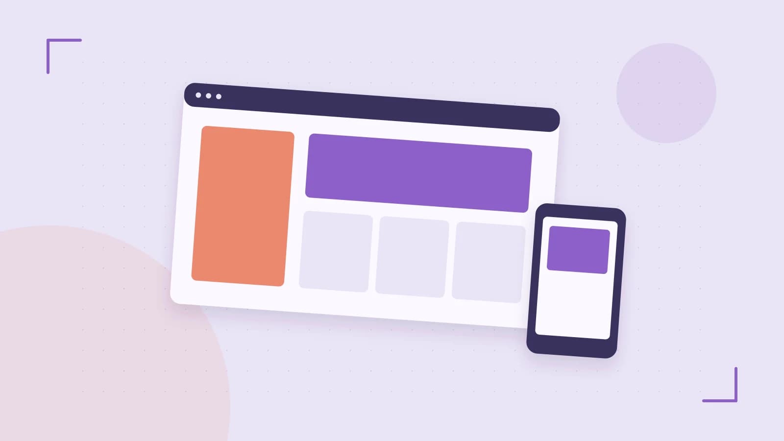 Editorial illustration of responsive browser layouts, overlapping design components and a color system