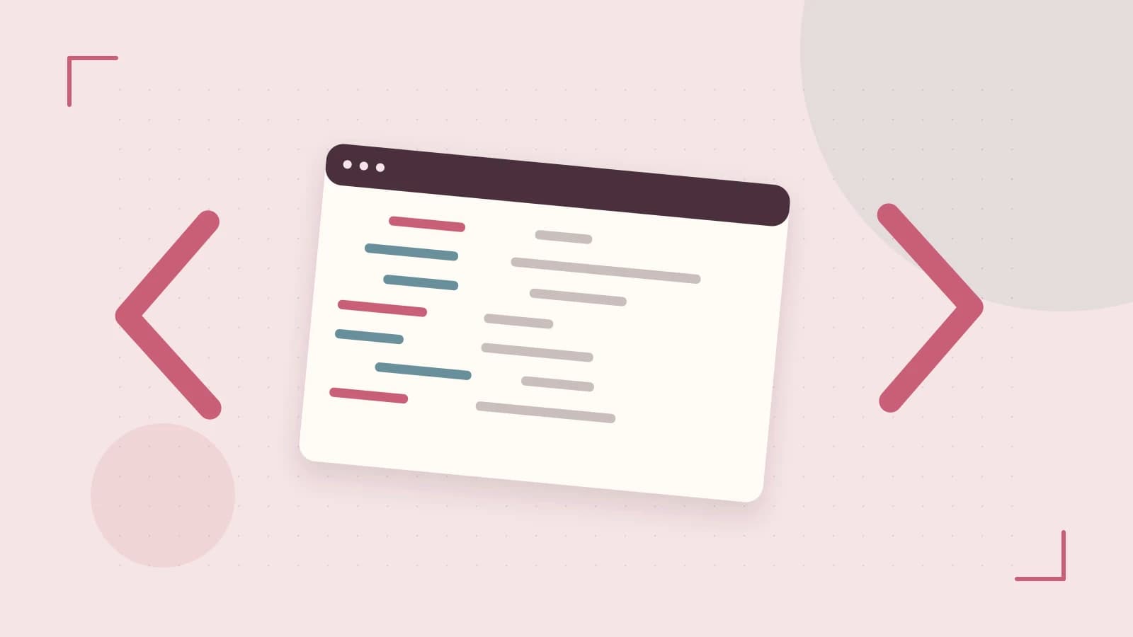 Editorial illustration of an abstract code editor, syntax blocks and oversized programming brackets
