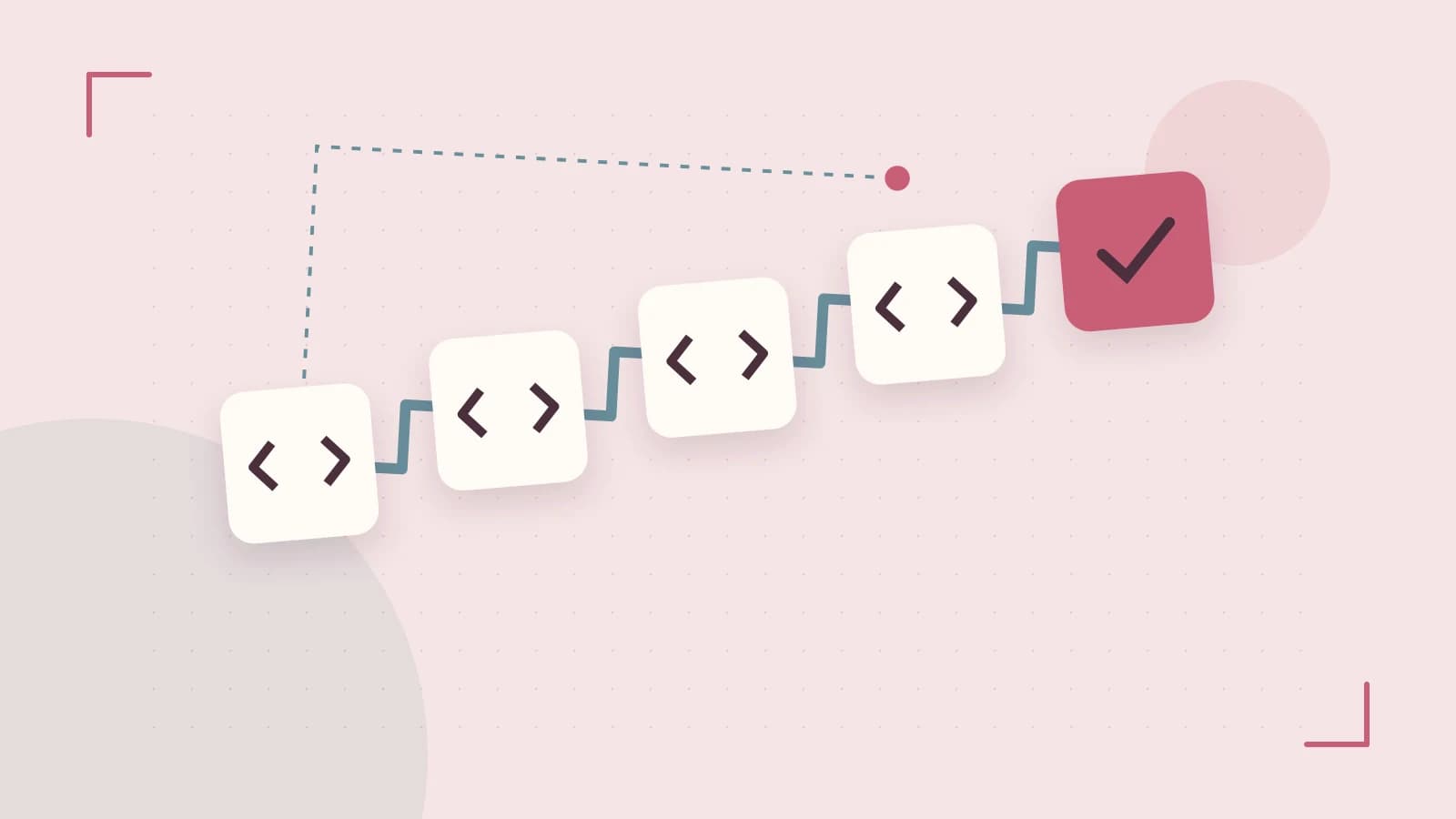 Editorial illustration of a branching build pipeline, staged transformations and a completed check