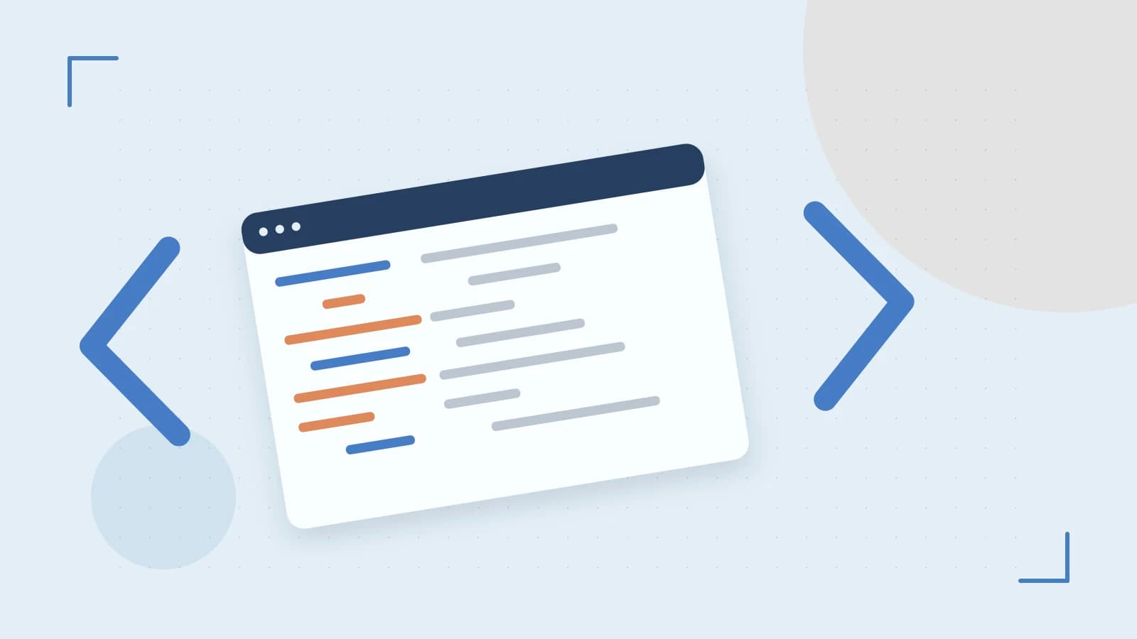 Editorial illustration of an abstract code editor, syntax blocks and oversized programming brackets