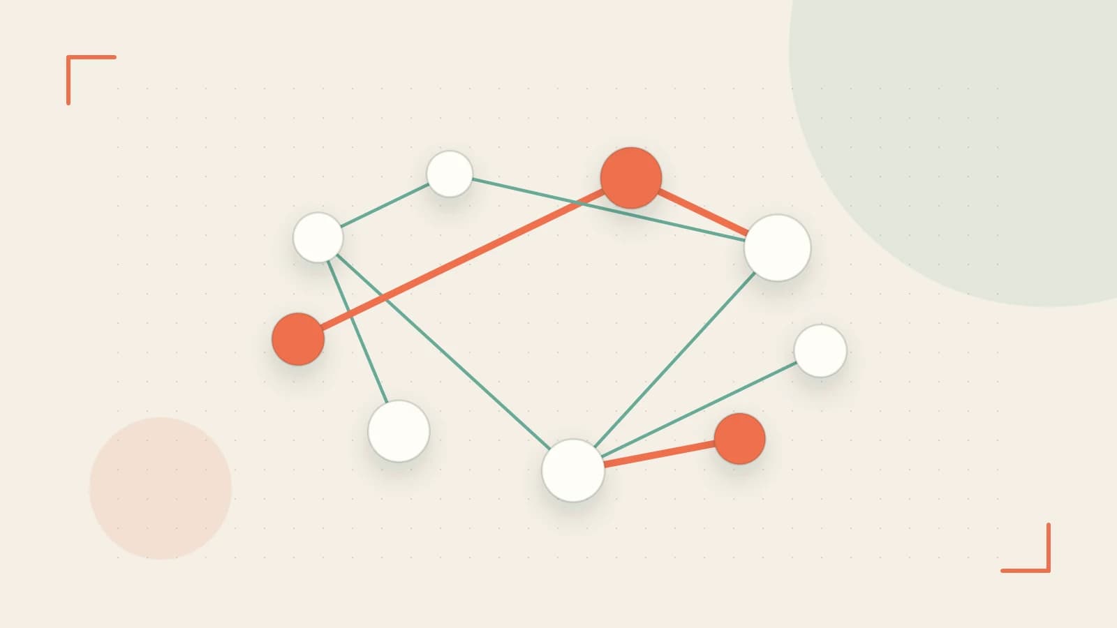 Editorial illustration of an algorithmic node graph with branching paths and a highlighted result