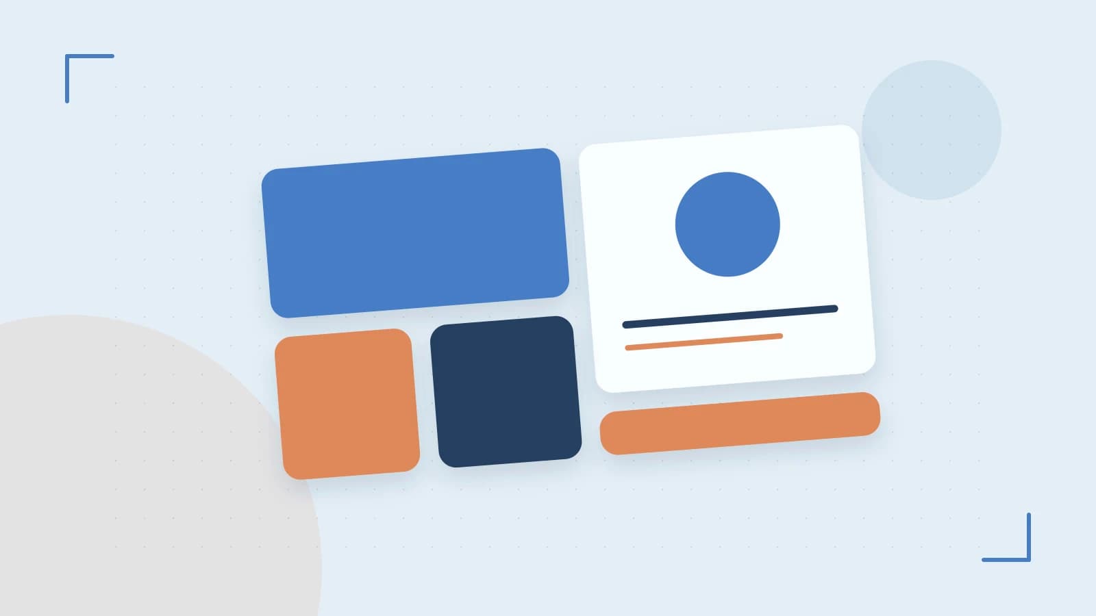 Editorial illustration of responsive browser layouts, overlapping design components and a color system