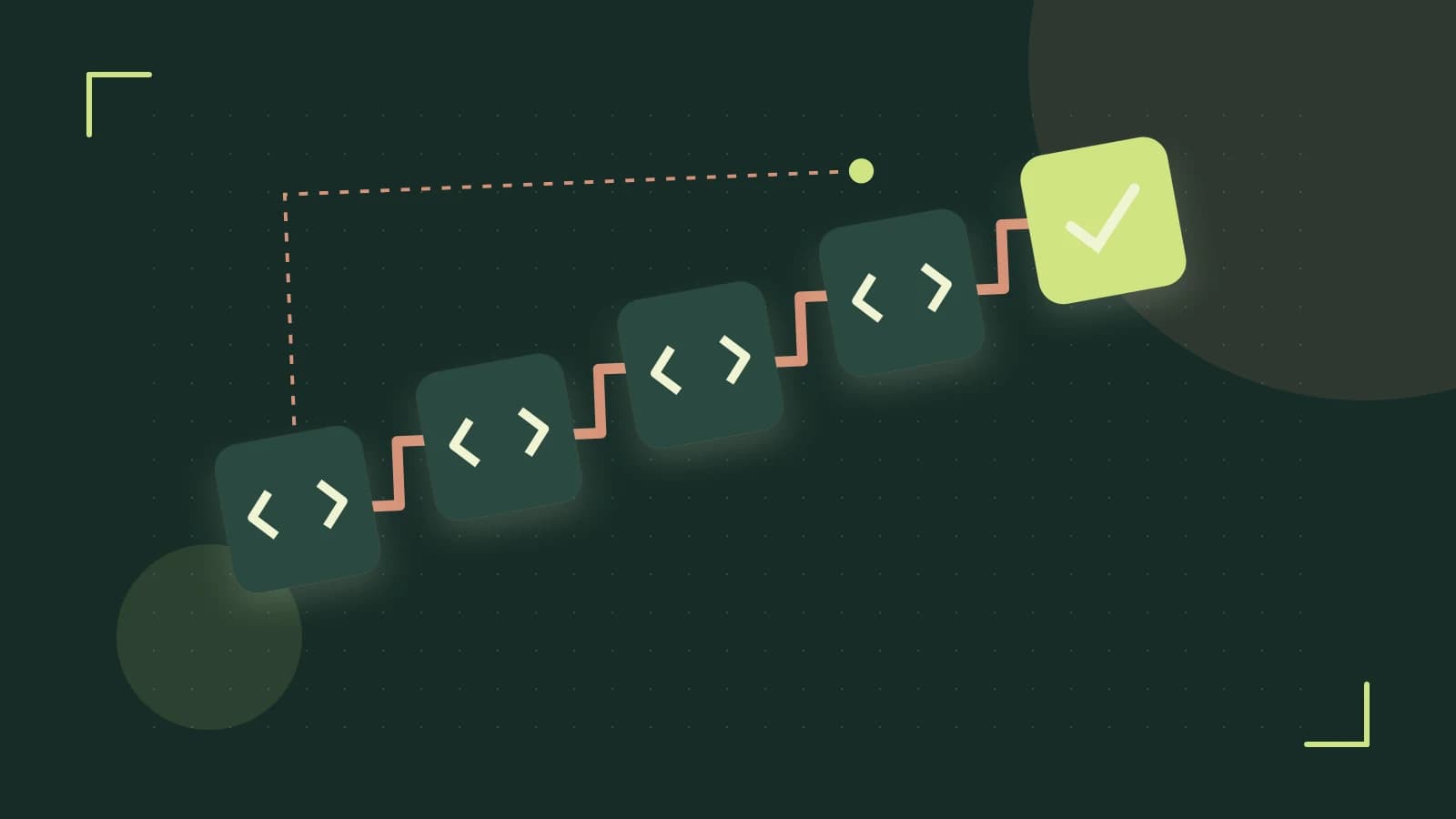 Editorial illustration of a branching build pipeline, staged transformations and a completed check