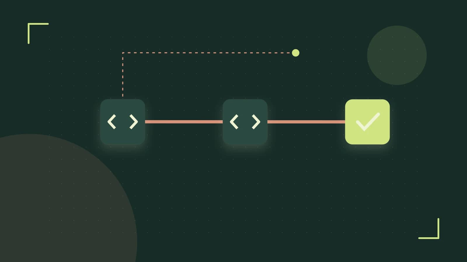 Editorial illustration of a branching build pipeline, staged transformations and a completed check
