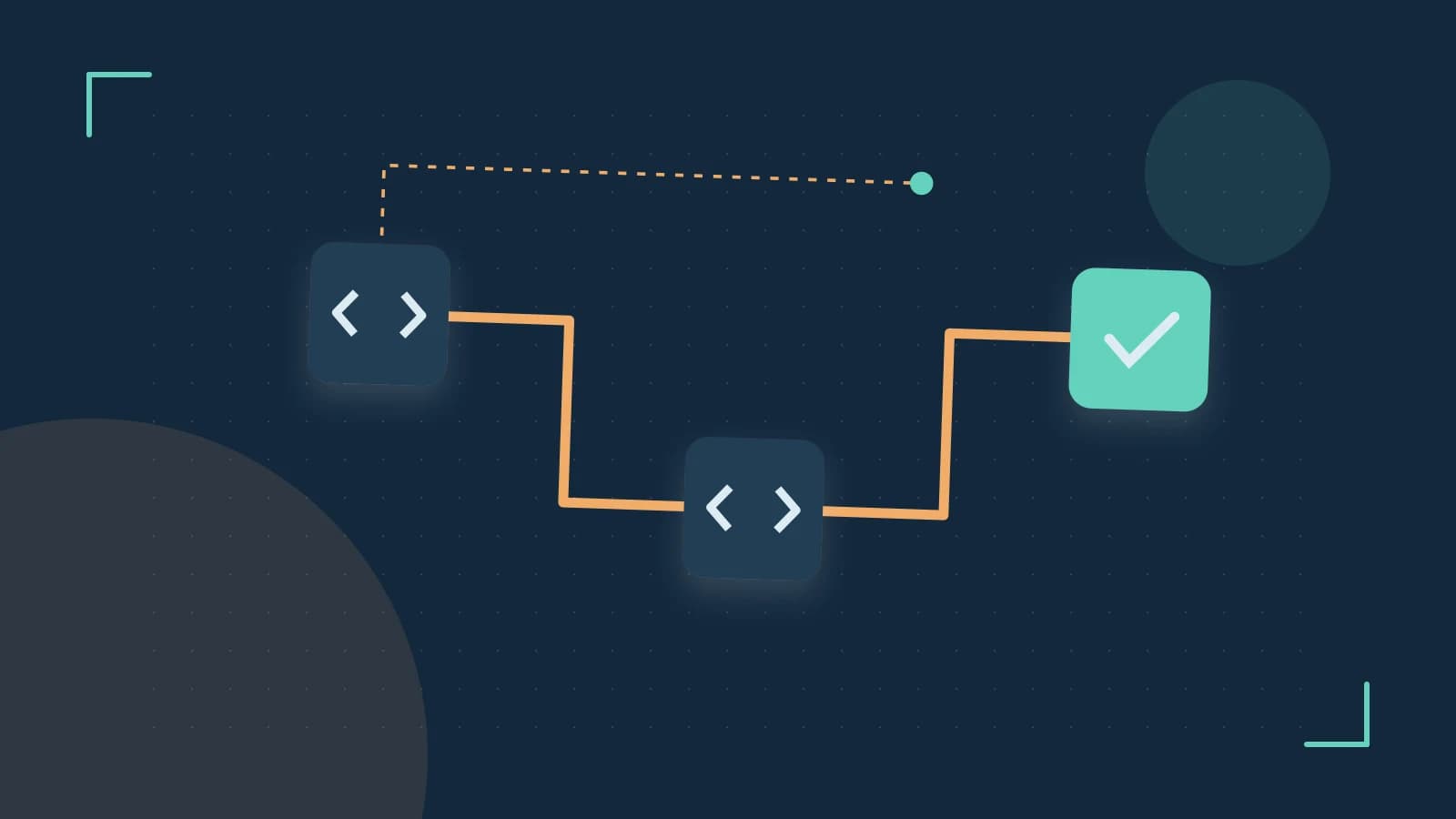 Editorial illustration of a branching build pipeline, staged transformations and a completed check