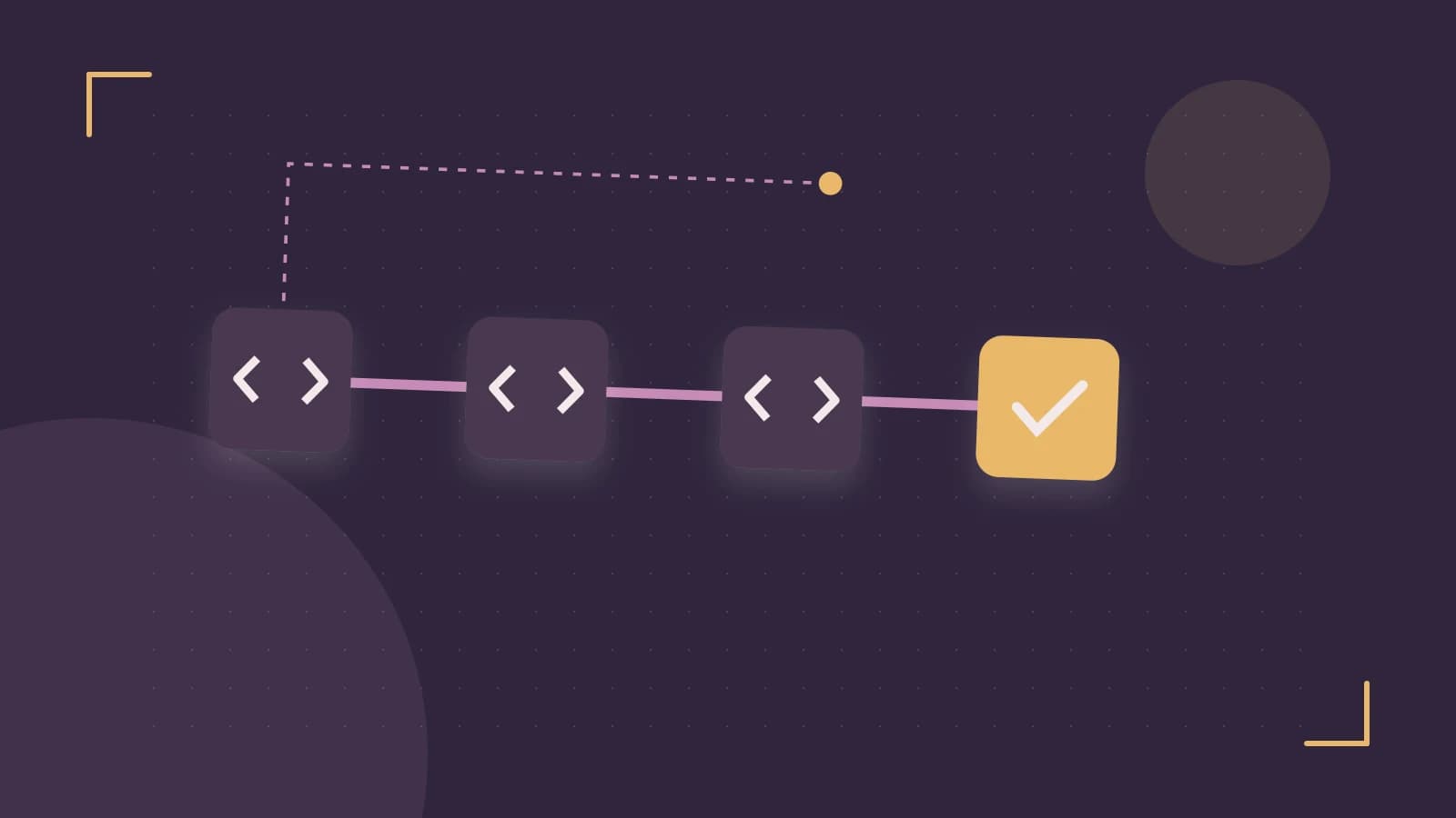 Editorial illustration of a branching build pipeline, staged transformations and a completed check