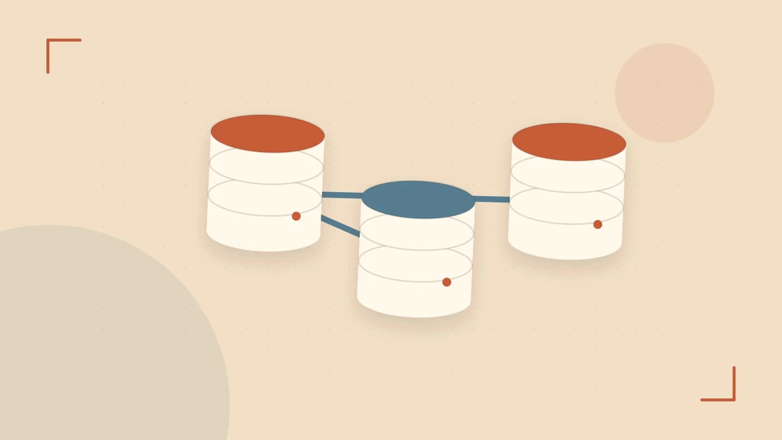 Editorial illustration of structured records, database cylinders and relationships between tables