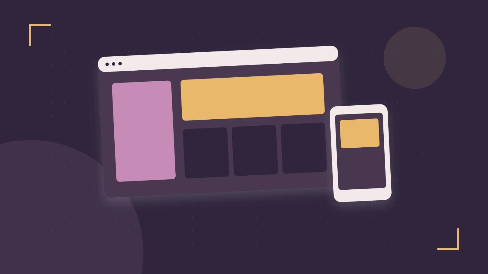 Editorial illustration of responsive browser layouts, overlapping design components and a color system