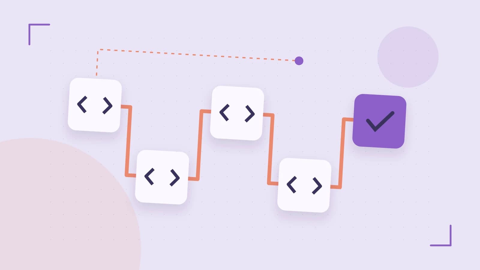Editorial illustration of a branching build pipeline, staged transformations and a completed check
