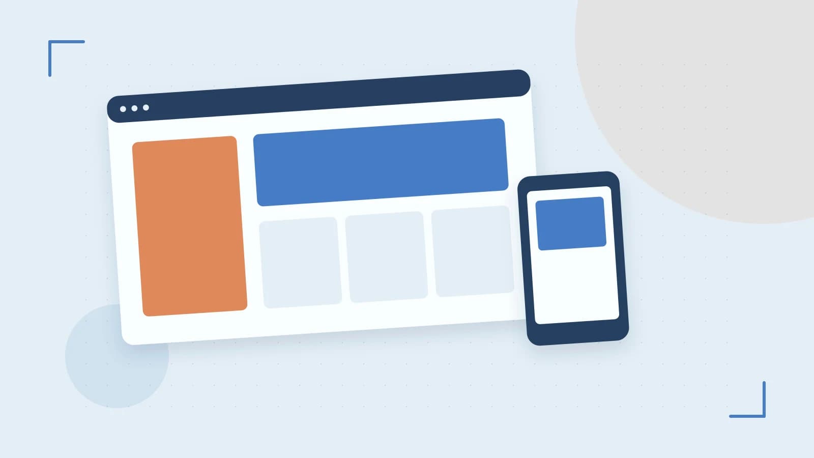 Editorial illustration of responsive browser layouts, overlapping design components and a color system