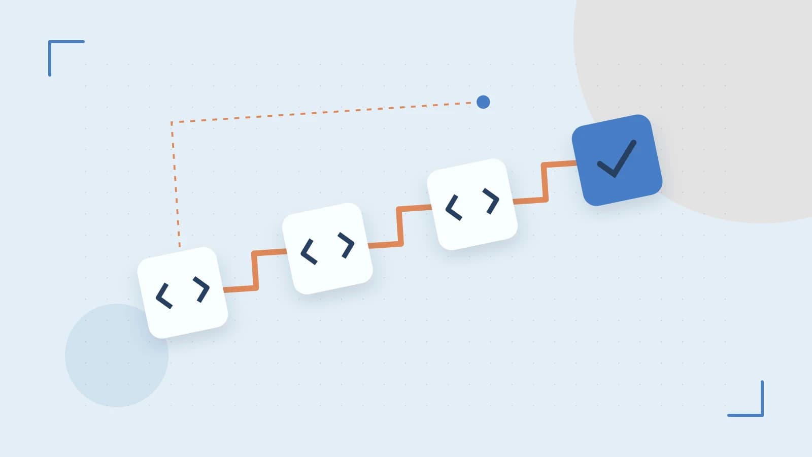 Editorial illustration of a branching build pipeline, staged transformations and a completed check