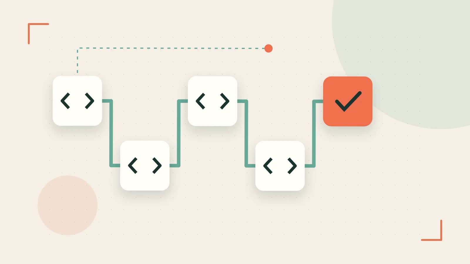 Editorial illustration of a branching build pipeline, staged transformations and a completed check