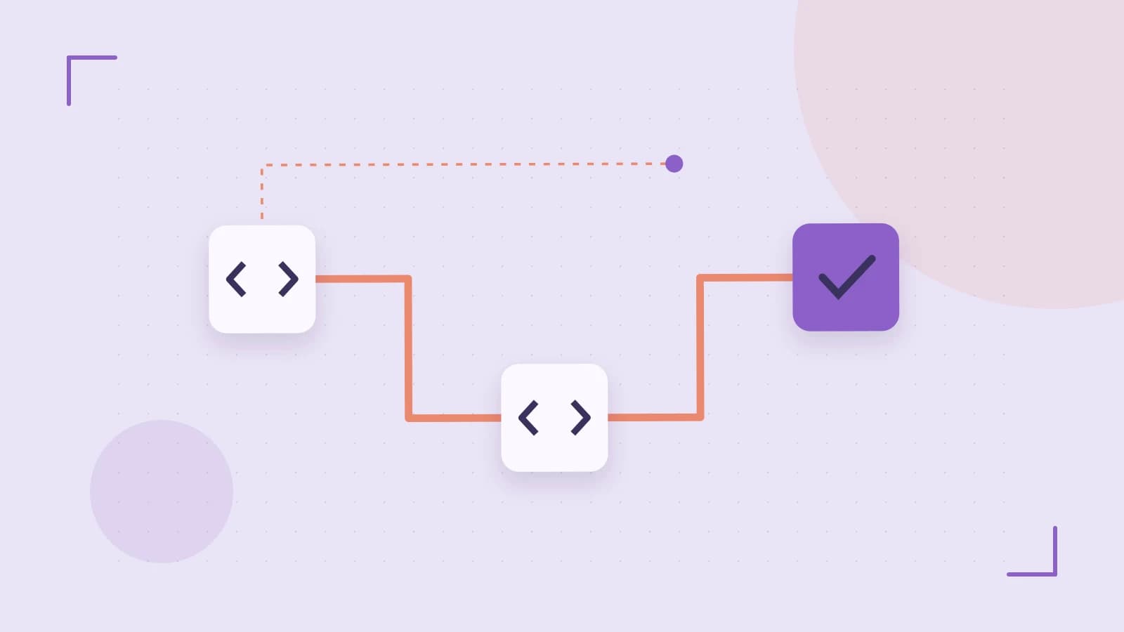 Editorial illustration of a branching build pipeline, staged transformations and a completed check