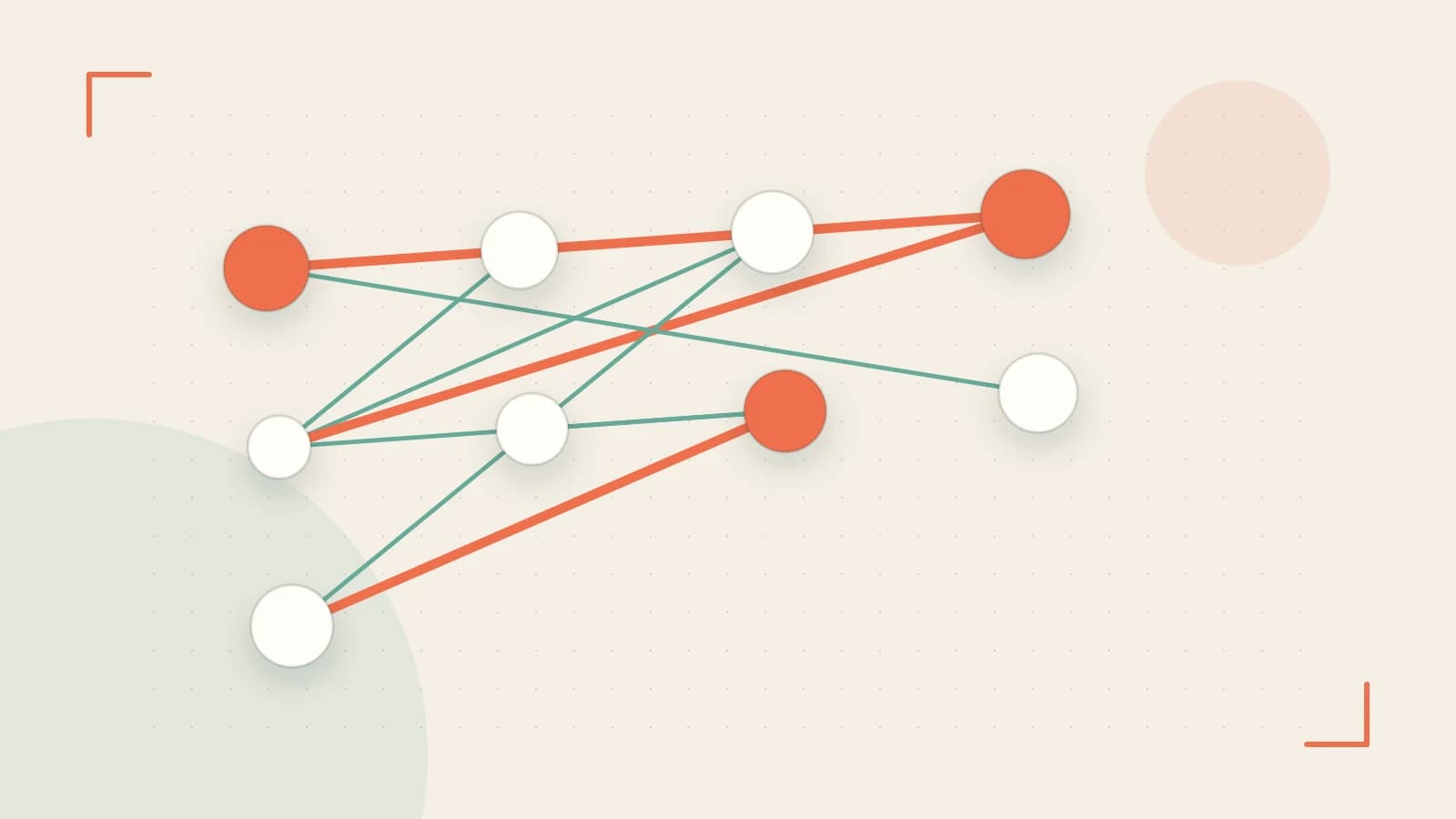 Editorial illustration of an algorithmic node graph with branching paths and a highlighted result