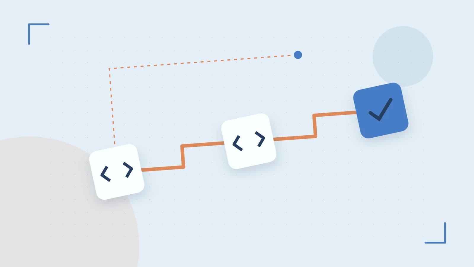 Editorial illustration of a branching build pipeline, staged transformations and a completed check