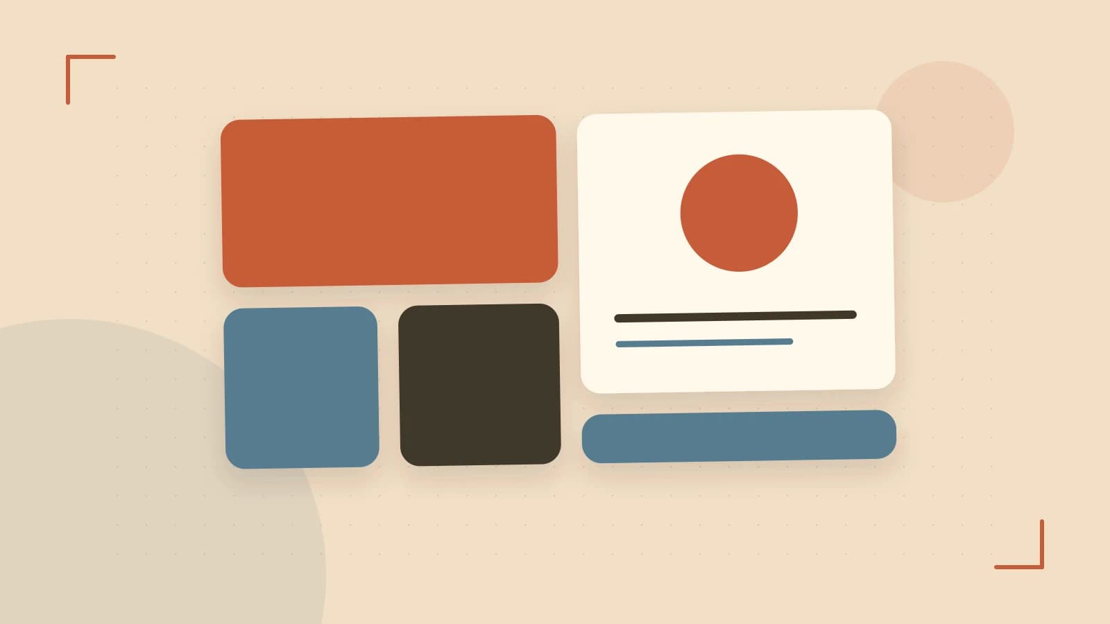 Editorial illustration of responsive browser layouts, overlapping design components and a color system
