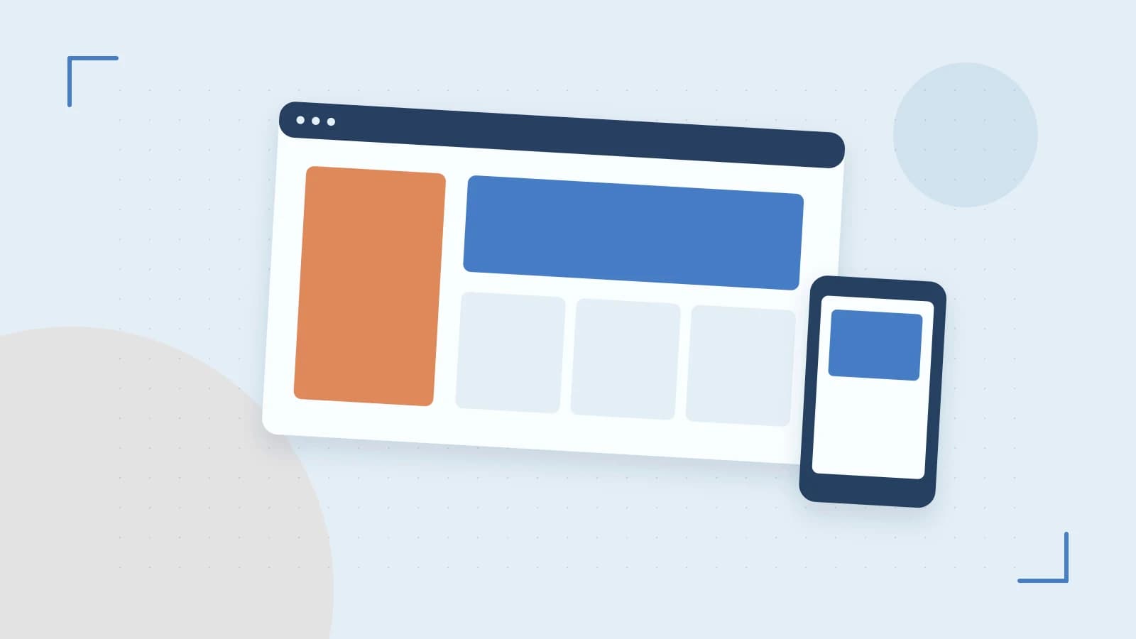 Editorial illustration of responsive browser layouts, overlapping design components and a color system