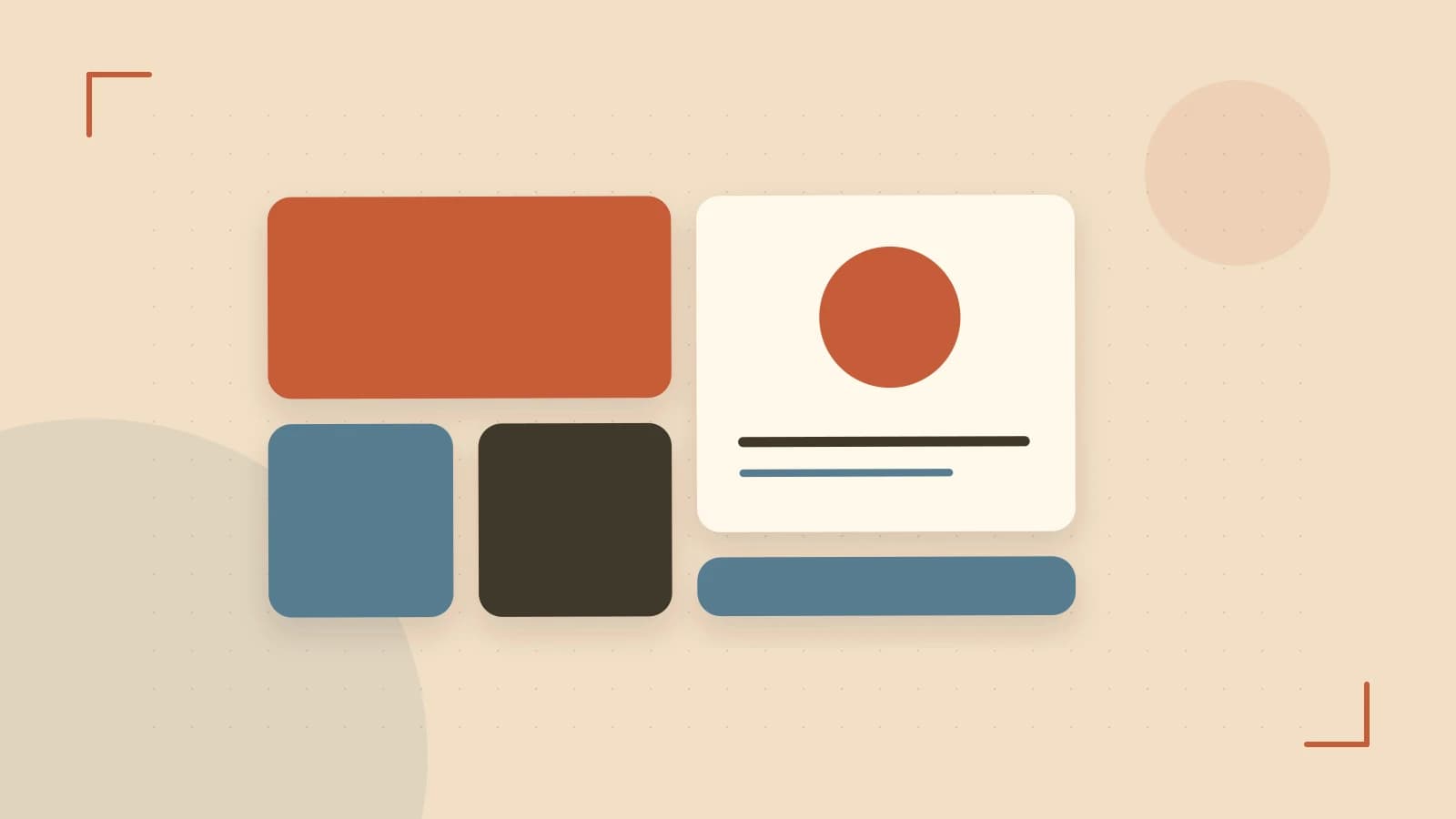 Editorial illustration of responsive browser layouts, overlapping design components and a color system