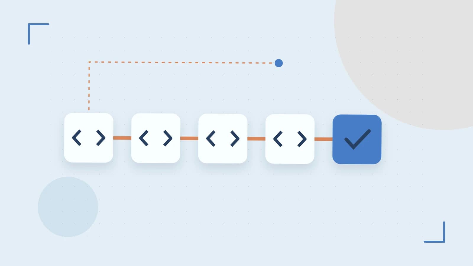 Editorial illustration of a branching build pipeline, staged transformations and a completed check