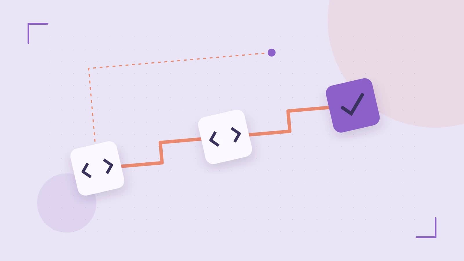 Editorial illustration of a branching build pipeline, staged transformations and a completed check