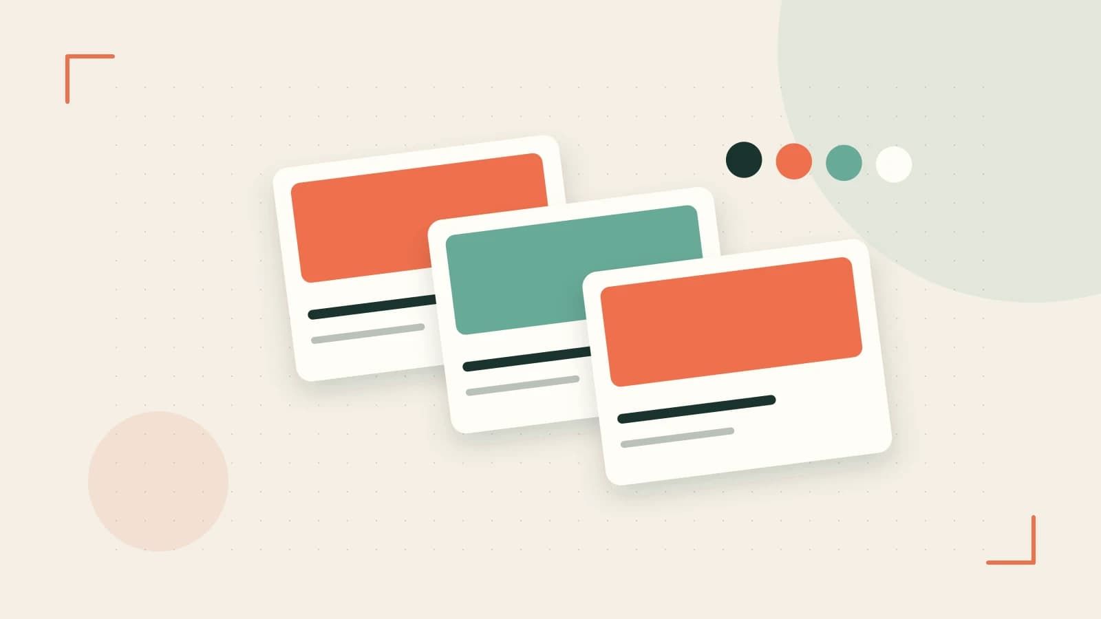 Editorial illustration of responsive browser layouts, overlapping design components and a color system