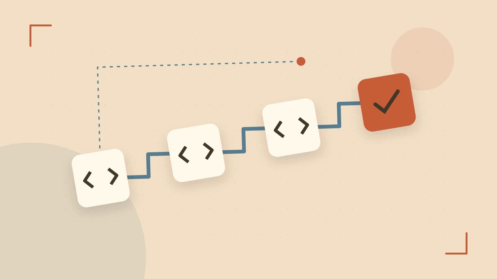 Editorial illustration of a branching build pipeline, staged transformations and a completed check