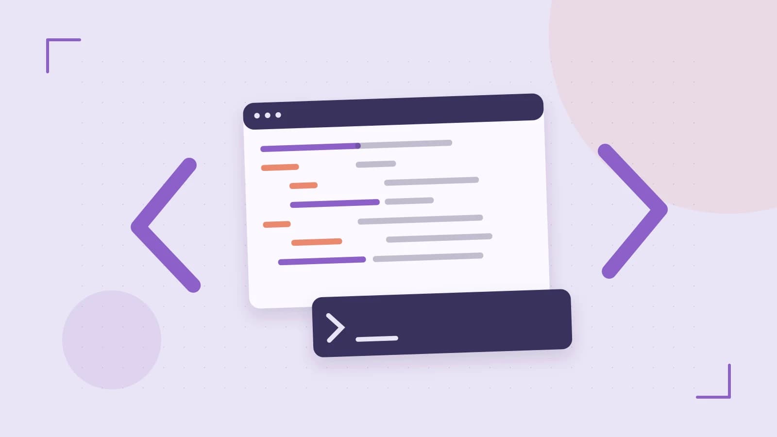 Editorial illustration of an abstract code editor, syntax blocks and oversized programming brackets