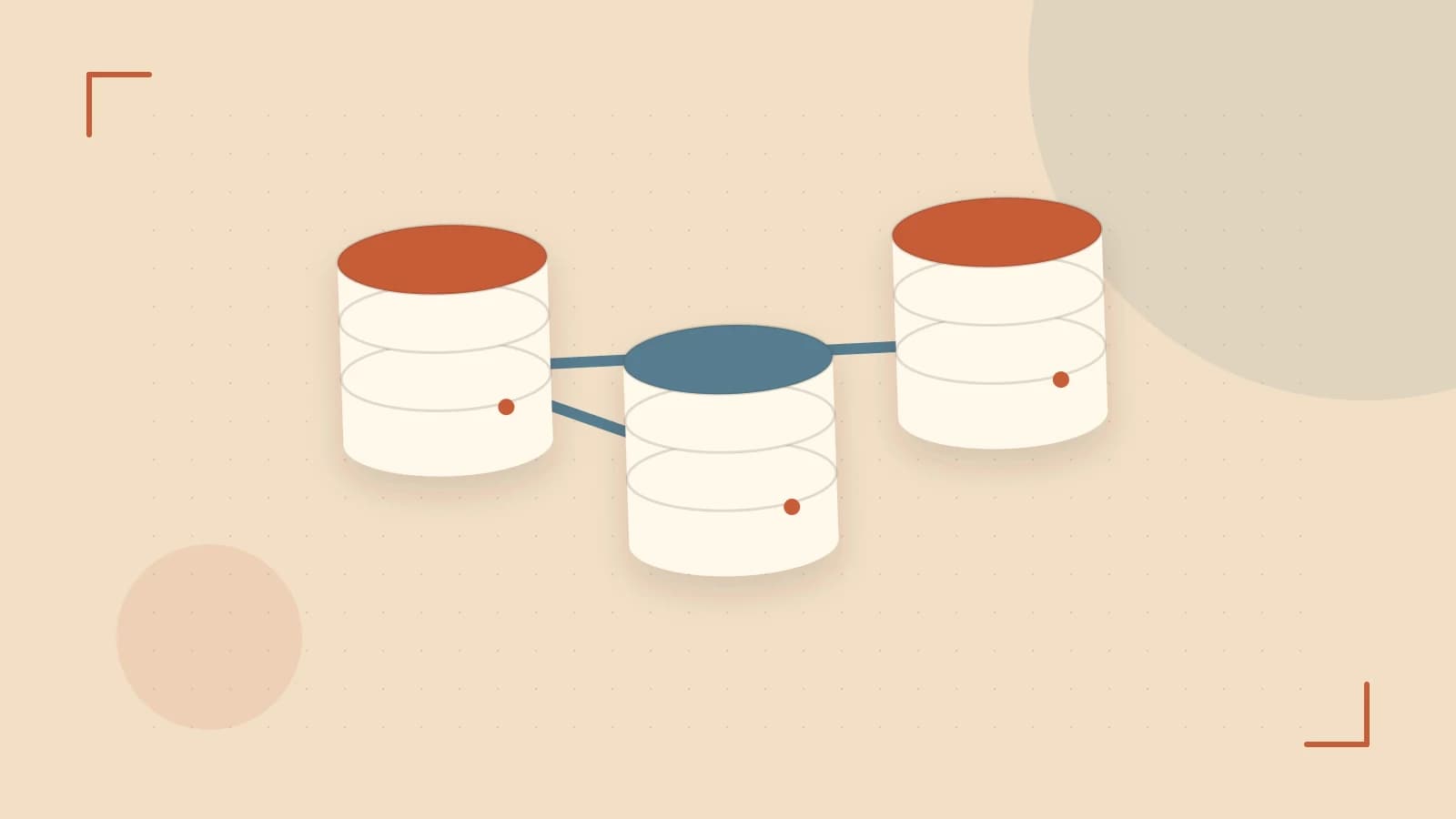 Editorial illustration of structured records, database cylinders and relationships between tables