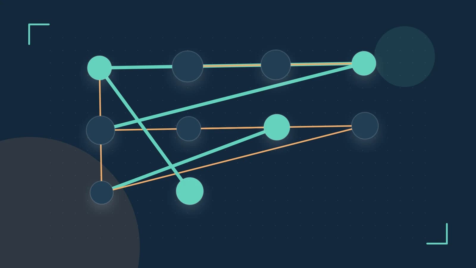 Editorial illustration of an algorithmic node graph with branching paths and a highlighted result