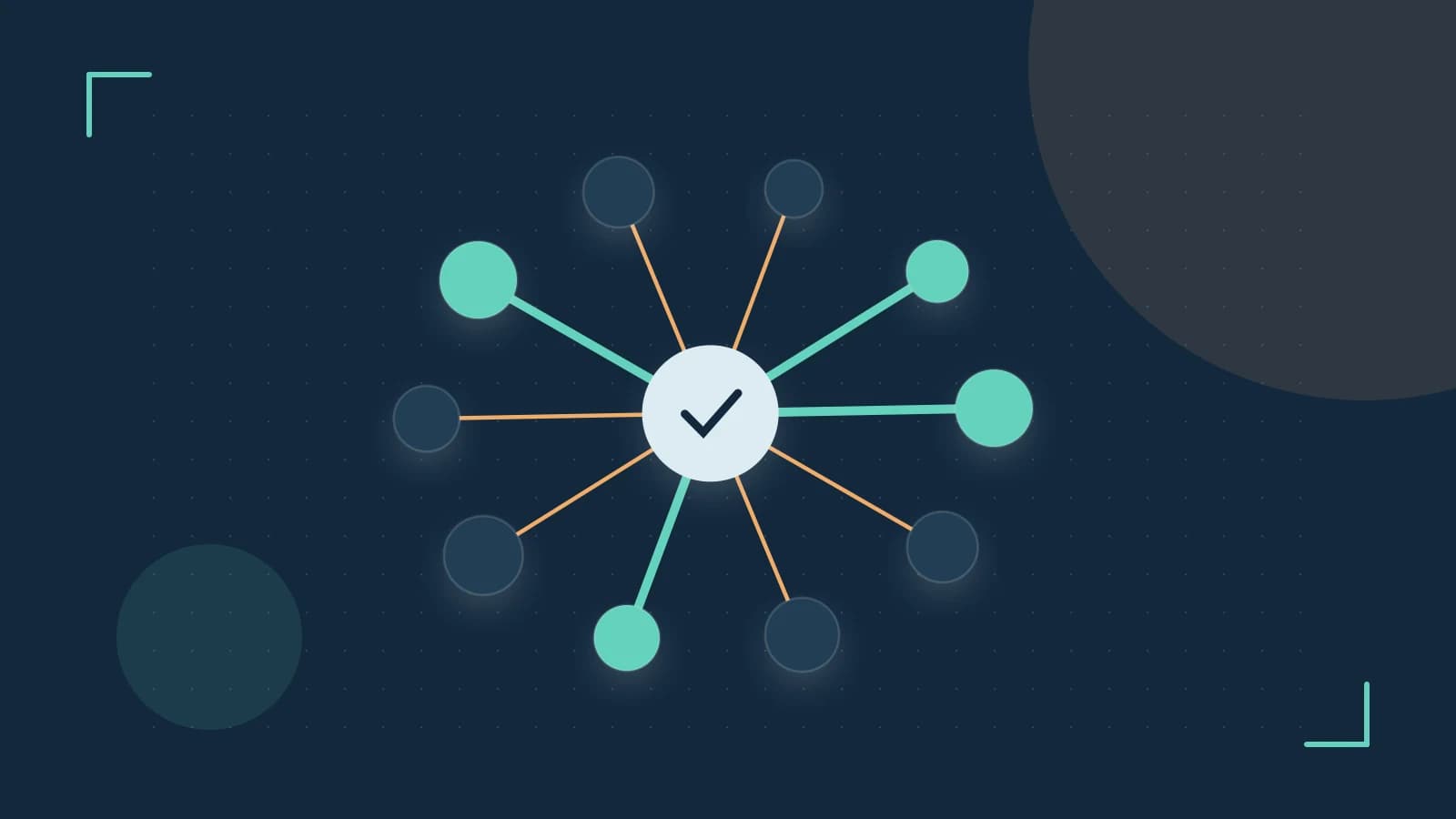 Editorial illustration of an algorithmic node graph with branching paths and a highlighted result