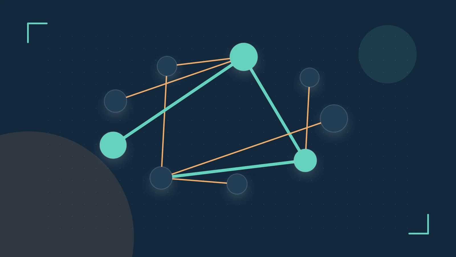 Editorial illustration of an algorithmic node graph with branching paths and a highlighted result