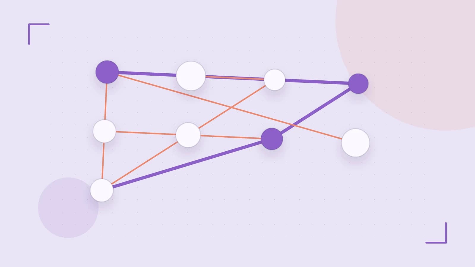 Editorial illustration of an algorithmic node graph with branching paths and a highlighted result