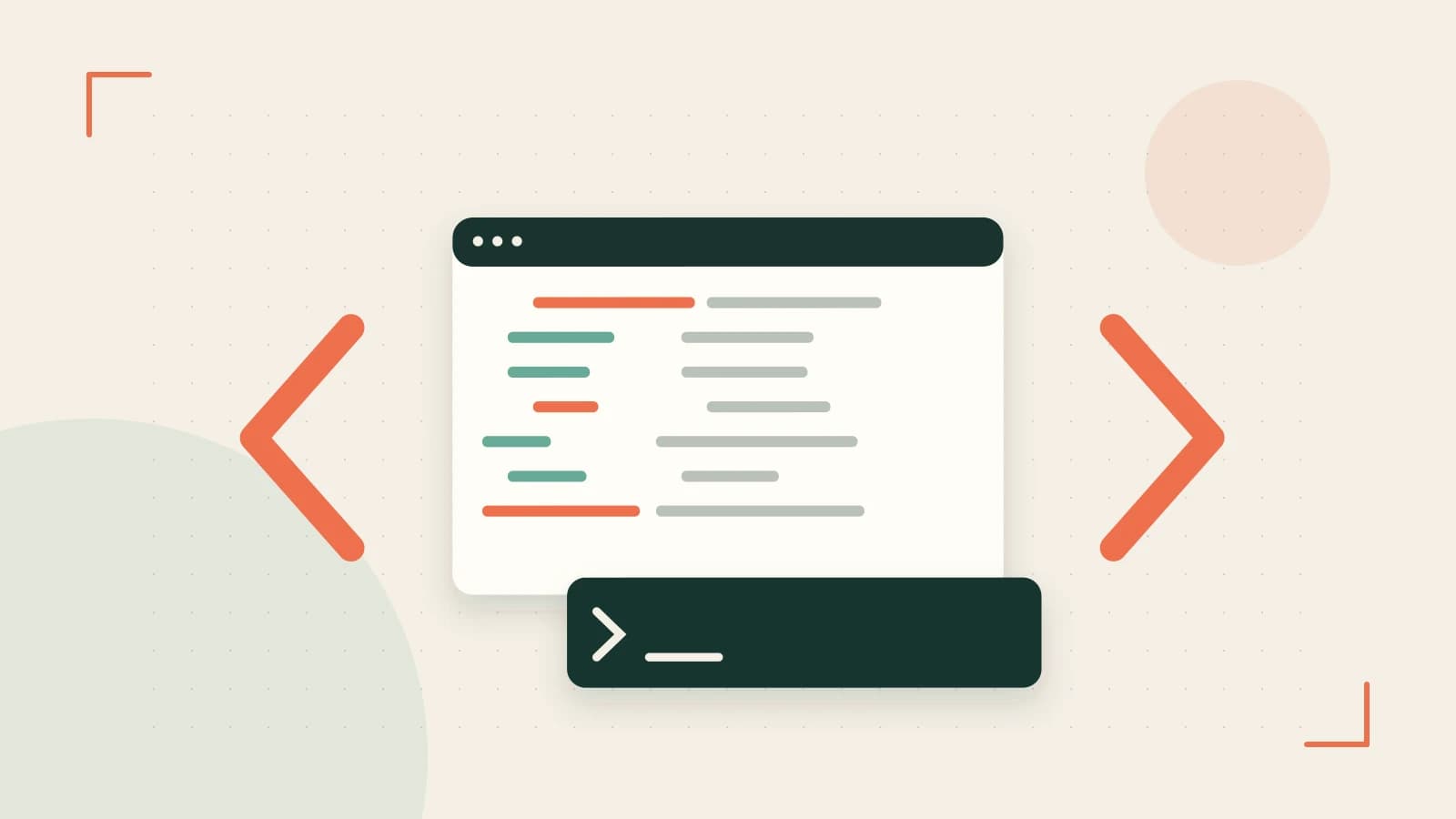 Editorial illustration of an abstract code editor, syntax blocks and oversized programming brackets