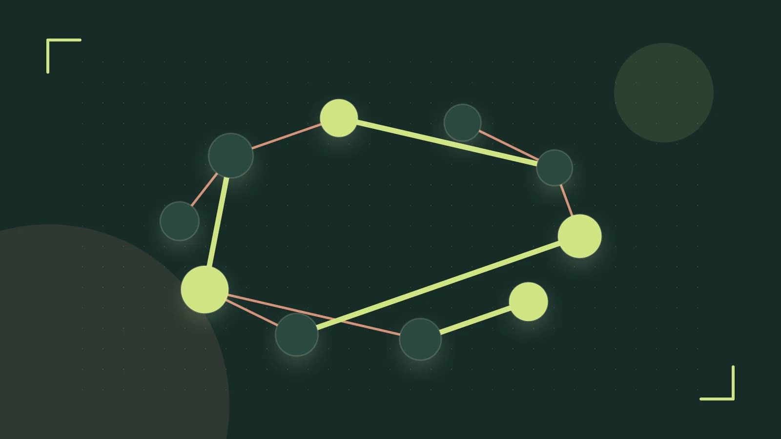 Editorial illustration of an algorithmic node graph with branching paths and a highlighted result