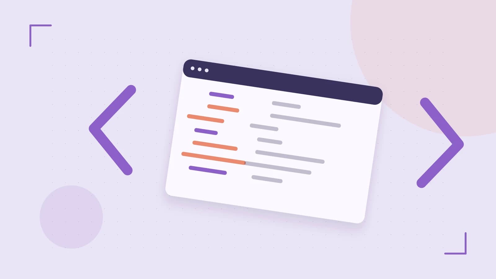 Editorial illustration of an abstract code editor, syntax blocks and oversized programming brackets
