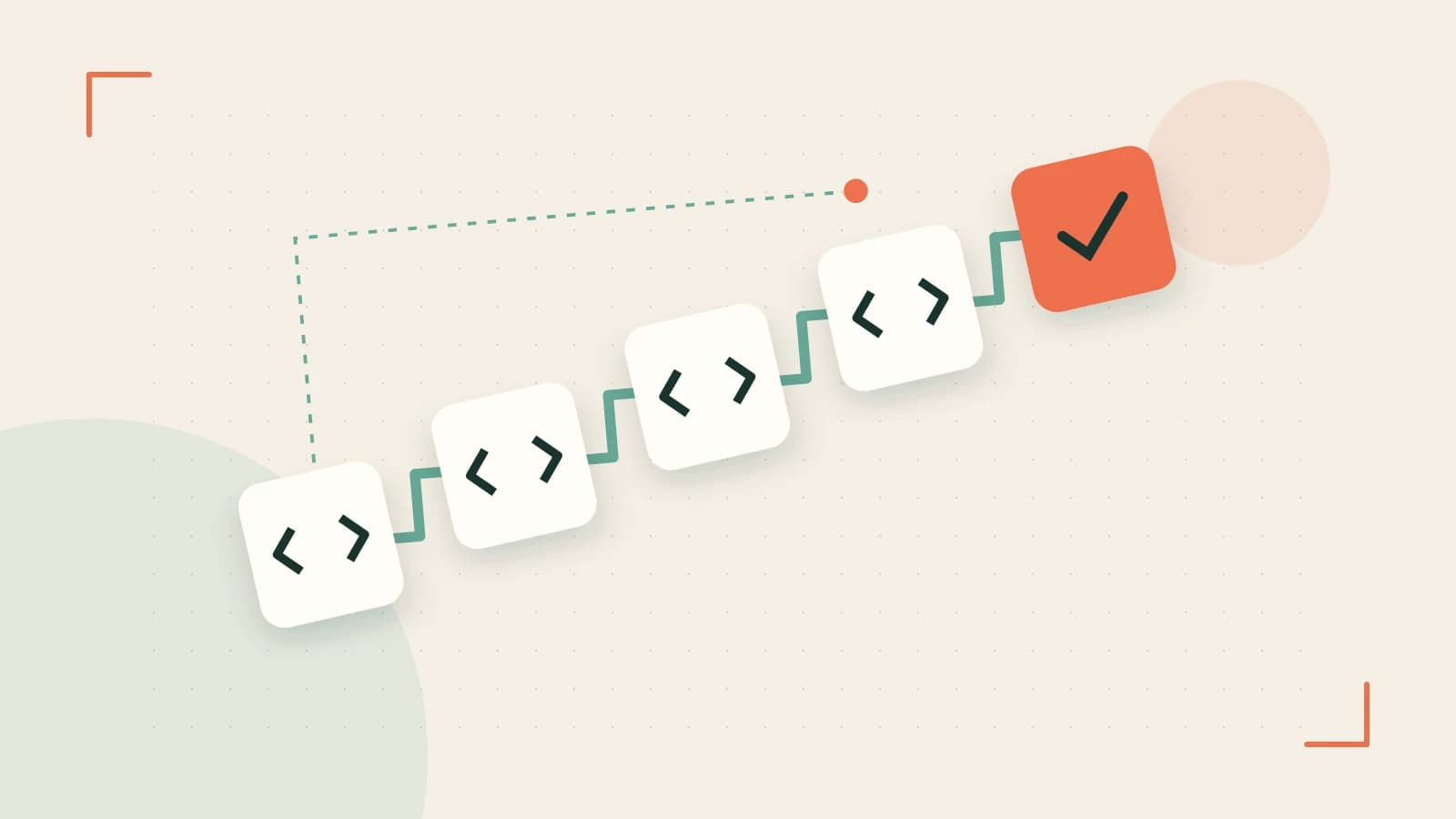 Editorial illustration of a branching build pipeline, staged transformations and a completed check