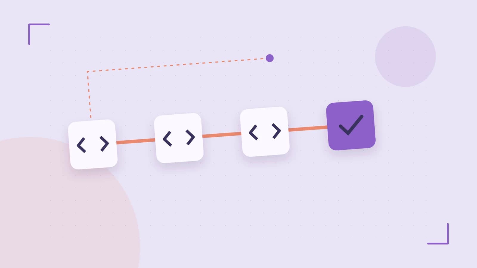 Editorial illustration of a branching build pipeline, staged transformations and a completed check