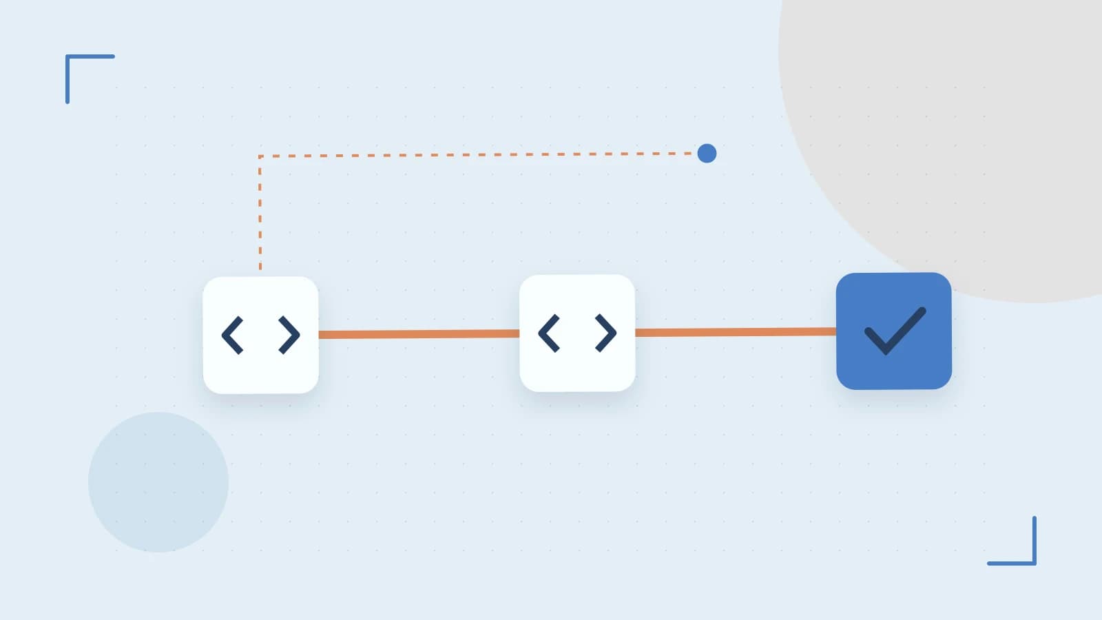 Editorial illustration of a branching build pipeline, staged transformations and a completed check