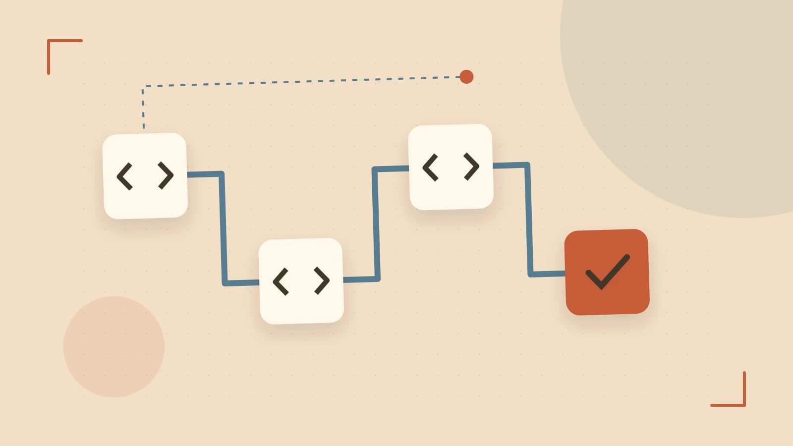 Editorial illustration of a branching build pipeline, staged transformations and a completed check
